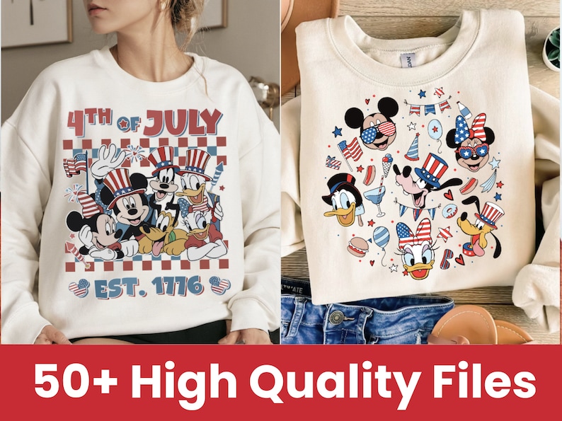 May include: Two white sweatshirts with a 4th of July theme featuring Mickey Mouse and friends. The first sweatshirt has a red, white, and blue checkered background with Mickey Mouse, Minnie Mouse, Donald Duck, Goofy, Pluto, and Daisy Duck. The text "4th of July" and "EST. 1776" are printed on the sweatshirt. The second sweatshirt has a circular design with Mickey Mouse, Minnie Mouse, Donald Duck, Goofy, Pluto, and Daisy Duck wearing red, white, and blue patriotic hats and accessories.