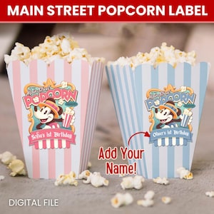 Mikey Popcorn-etikett, Main Street Popcorn, Mikey födelsedag, magisk festdekoration, digital fil, Mikey Mouse popcorn-etikett