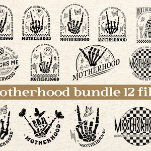 Könnte beinhalten: Ein Set mit 12 Schwarz-Weiß-Grafiken, die eine Skeletthand mit dem Text "Motherhood" und dem Satz "Some days it rocks me, either way we're rockin" zeigen.