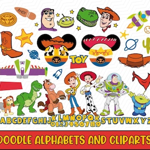 Toy Cartoon Cliparts and Story Toy Doodle Letters Alphabet Bundle Sublimation Birthday Party Design  Printable Template Font Svg Png Clipart