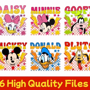 Mikey mouse and friends Retro Png Bundle, Mikey Characters Checkered Png, Magic Kingdom Cartoon Svg, Mikey and mini mouse