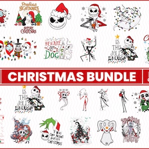 Pode incluir: Um pacote de download digital com mais de 25 ilustrações com tema natalino com os personagens Jack Skellington e Sally do filme O Estranho Mundo de Jack. As ilustrações incluem várias frases e imagens com tema natalino, como "Precious Nightmares", "Beware of Dogs", "Is This Jolly Enough" e "Twas the Night Before Christmas".