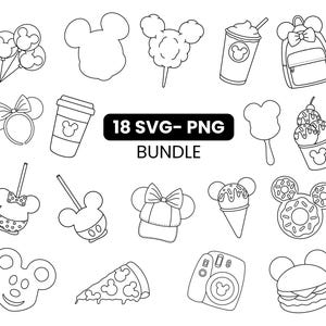 Pode incluir: Um conjunto de 18 desenhos em preto e branco de vários ícones com tema Disney, incluindo orelhas do Mickey Mouse, uma cabeça do Mickey Mouse, algodão doce, uma bebida, uma mochila, uma faixa de cabeça, uma xícara de café, um picolé, sorvete, um donut, um cake pop, uma fatia de pizza, uma câmera e um hambúrguer. O texto "18 SVG-PNG BUNDLE" está no centro da imagem.