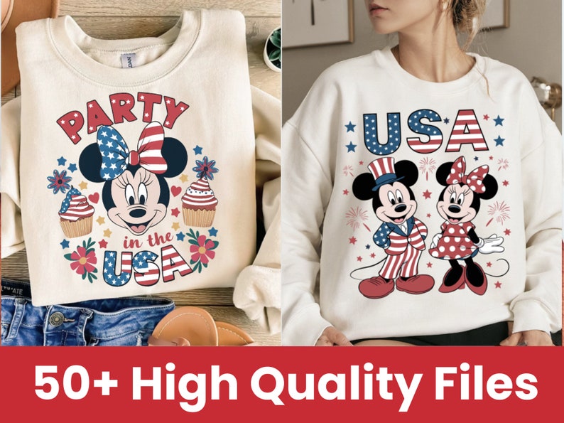May include: Two white sweatshirts with red, white, and blue designs featuring Mickey Mouse and Minnie Mouse. One sweatshirt says "Party in the USA" and the other says "USA".