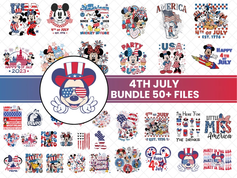 May include: A digital download bundle of 50+ 4th of July themed graphics featuring Mickey Mouse and other Disney characters. The graphics include various patriotic designs with red, white, and blue colors, stars, stripes, and American flags. The graphics are perfect for creating t-shirts, mugs, tote bags, and other crafts.