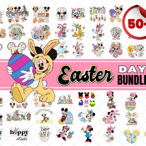 Peut inclure: Un lot de clipart numérique de plus de 50 images sur le thème de Pâques mettant en scène Mickey Mouse et d'autres personnages Disney. Les images présentent diverses poses et designs, comme Mickey Mouse tenant un œuf de Pâques, Minnie Mouse portant des oreilles de lapin et Donald Duck tenant un panier d'œufs. Les images sont parfaites pour créer des objets artisanaux personnalisés, des cartes de vœux et d'autres projets sur le thème de Pâques.