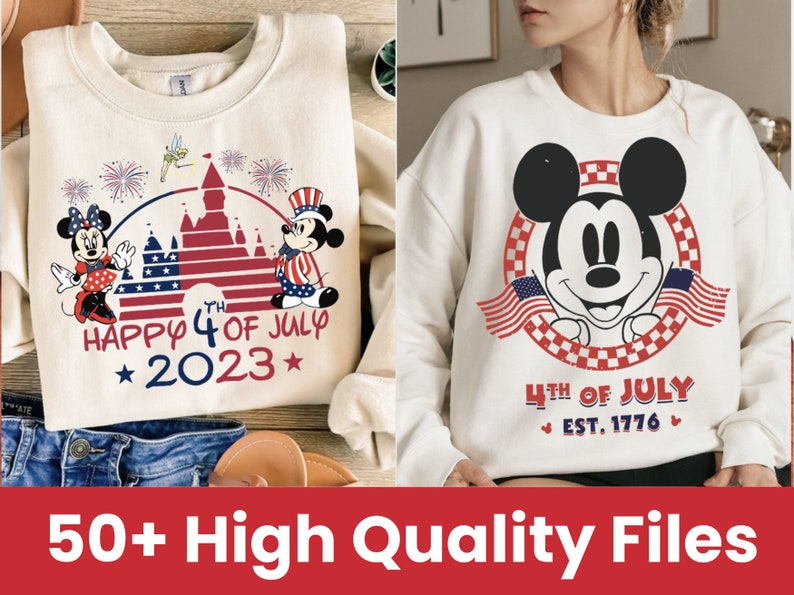 May include: Two white sweatshirts with red, white, and blue designs. The first sweatshirt features Mickey Mouse and Minnie Mouse in front of a castle with fireworks and the text "Happy 4th of July 2023". The second sweatshirt features Mickey Mouse holding two American flags with the text "4th of July Est. 1776".