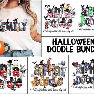 May include: A digital download bundle of Halloween-themed alphabet doodle clip art. The bundle includes 11 full alphabets with bonus clip art. The clip art features a variety of Halloween characters and symbols, including ghosts, bats, pumpkins, spiders, and witches. The clip art is perfect for creating personalized Halloween projects, such as invitations, cards, party decorations, and more.