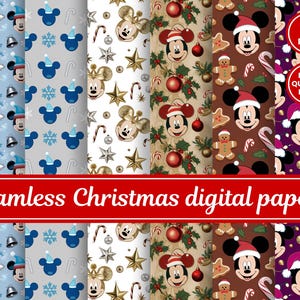 Könnte beinhalten: Sechs digitale Papiere mit einem Weihnachtsmotiv mit Mickey Mouse. Die Papiere zeigen verschiedene Muster, darunter Mickey Mouse mit einem Weihnachtsmann-Hut, Schneeflocken, Zuckerstangen und Lebkuchenmänner.