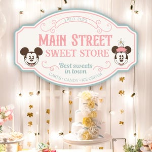 印刷可能なマイキーとミニマウスのスイーツストアの看板、ディズニーテーマの誕生日パーティーやイベントに最適、メインストリートのキャンディショップ、デジタルファイル