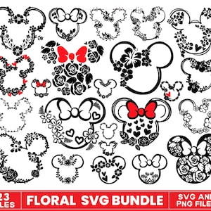 May include: A set of 23 floral SVG files featuring various designs of Mickey Mouse ears with flowers. The designs include floral wreaths, floral Mickey Mouse ears, and floral Mickey Mouse head silhouettes. The files are available in SVG and PNG formats.
