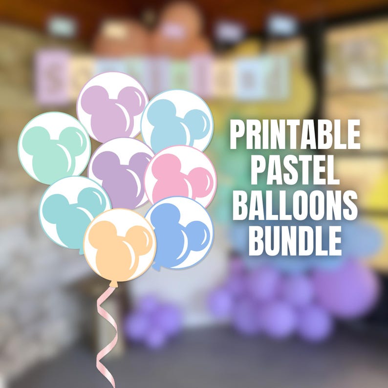 Op de afbeelding: Printbare pastelkleurige ballonbundel met Mickey Mouse oren. De ballonnen zijn in verschillende pastelkleuren, waaronder roze, blauw, groen en paars.