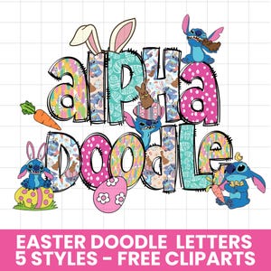 May include: Colorful Easter doodle letters spelling "alpha doodle" with a blue Stitch character from Lilo & Stitch in each letter. The letters are decorated with Easter eggs, bunnies, and carrots.