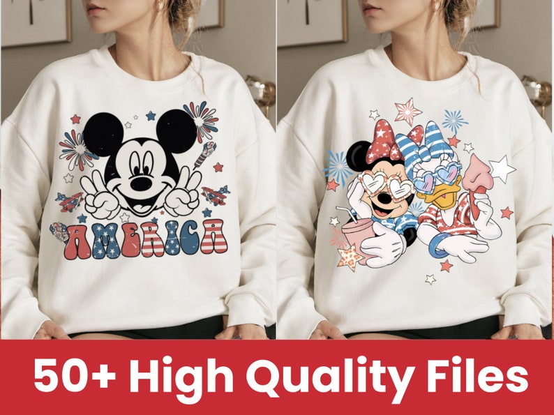 May include: Two white sweatshirts with a patriotic theme. One features Mickey Mouse with the word "America" in red, white, and blue. The other features Minnie Mouse and Daisy Duck wearing red, white, and blue outfits.