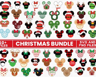 May include: A set of 60+ Christmas-themed SVG and PNG files featuring various Mickey Mouse and Minnie Mouse head silhouettes with different Christmas designs, including ornaments, wreaths, candy canes, and holiday greetings.