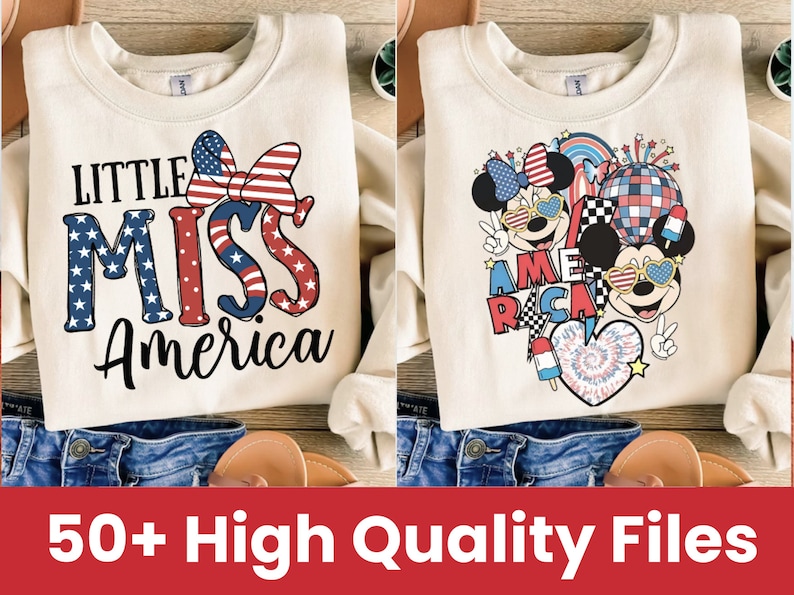 May include: Two cream-colored sweatshirts with red, white, and blue designs. One sweatshirt features the text "Little Miss America" with a red, white, and blue bow. The other sweatshirt features two cartoon characters with red, white, and blue accents and the text "America" with a red, white, and blue checkered pattern.