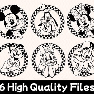 K&ouml;nnte beinhalten: Schwarz-wei&szlig;e Strichzeichnungen mit Micky Maus, Goofy, Minnie Maus, Pluto, Daisy Duck und Donald Duck. Jede Figur befindet sich in einem kreisf&ouml;rmigen Rahmen mit einem karierten Rand. Der Text unten lautet "6 hochwertige Dateien."