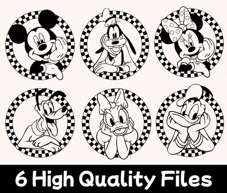 K&ouml;nnte beinhalten: Schwarz-wei&szlig;e Strichzeichnungen mit Micky Maus, Goofy, Minnie Maus, Pluto, Daisy Duck und Donald Duck. Jede Figur befindet sich in einem kreisf&ouml;rmigen Rahmen mit einem karierten Rand. Der Text unten lautet "6 hochwertige Dateien."