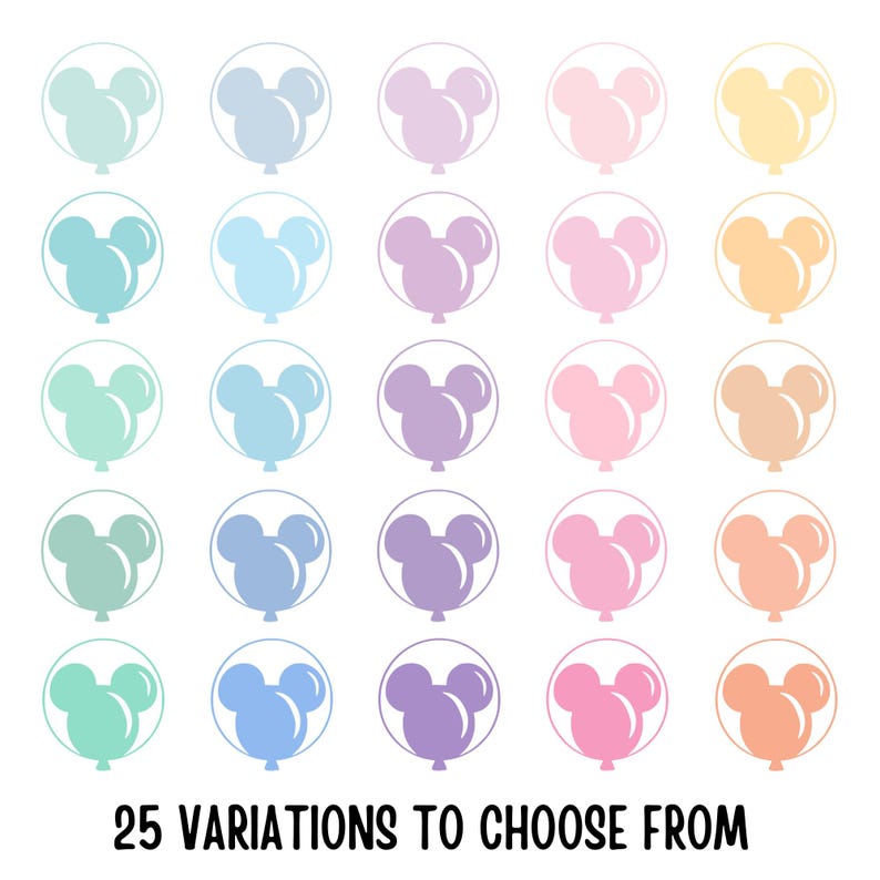 Op de afbeelding: 25 variaties van een Mickey Mouse-hoofd gevormde ballon in pastelkleuren, waaronder lichtblauw, roze, paars, groen en geel.