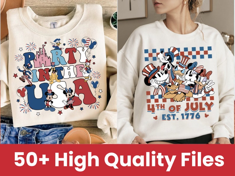May include: Two white crewneck sweatshirts with red, white, and blue patriotic designs featuring Mickey Mouse and other Disney characters. The first sweatshirt says "Party in the USA" and the second sweatshirt says "4th of July Est. 1776".