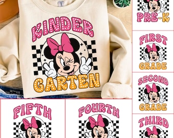Retro Minniee mouse Back to School Bundle, Kindergarten, First Day Of School png, Mouse and friends, First/Second/Third Grade Design Png