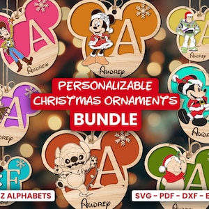Bundle personnalisé de boules de Noël dessin animé, monogramme alphabet personnalisé nom ornement svg, svg ornement extraterrestre bleu souris, fichiers découpés au laser