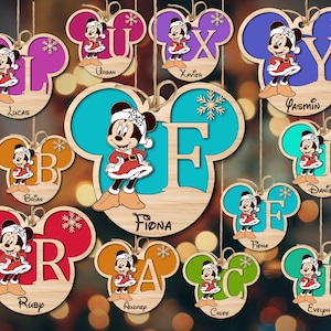Gepersonaliseerde Minie Mouse kerstballen svg, monogram alfabet aangepaste naam ornament svg, Minie muis cartoon ornament svg, lasergesneden bestanden