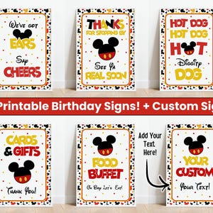 May include: Six printable birthday signs featuring Mickey Mouse with red, yellow, and black colors. The signs include text such as "We've got ears", "Thanks for stopping by", "Hot dog hot dog hot", "Cards & gifts", "Food buffet", and "Your custom".