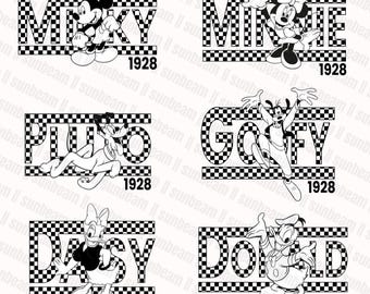 Retro geruite muis en vrienden png-film, muis en vrienden silhouet, bestanden, Mikey mini geruite png-bundel, geruite muis