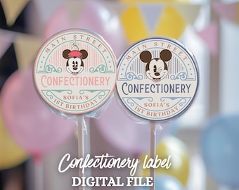Editable Mckey & Mini Candy Label, Main Street Confectionery, Mikey Lollipop, Mini Baby Shower, Diseyland Birthday candy label, Digital File