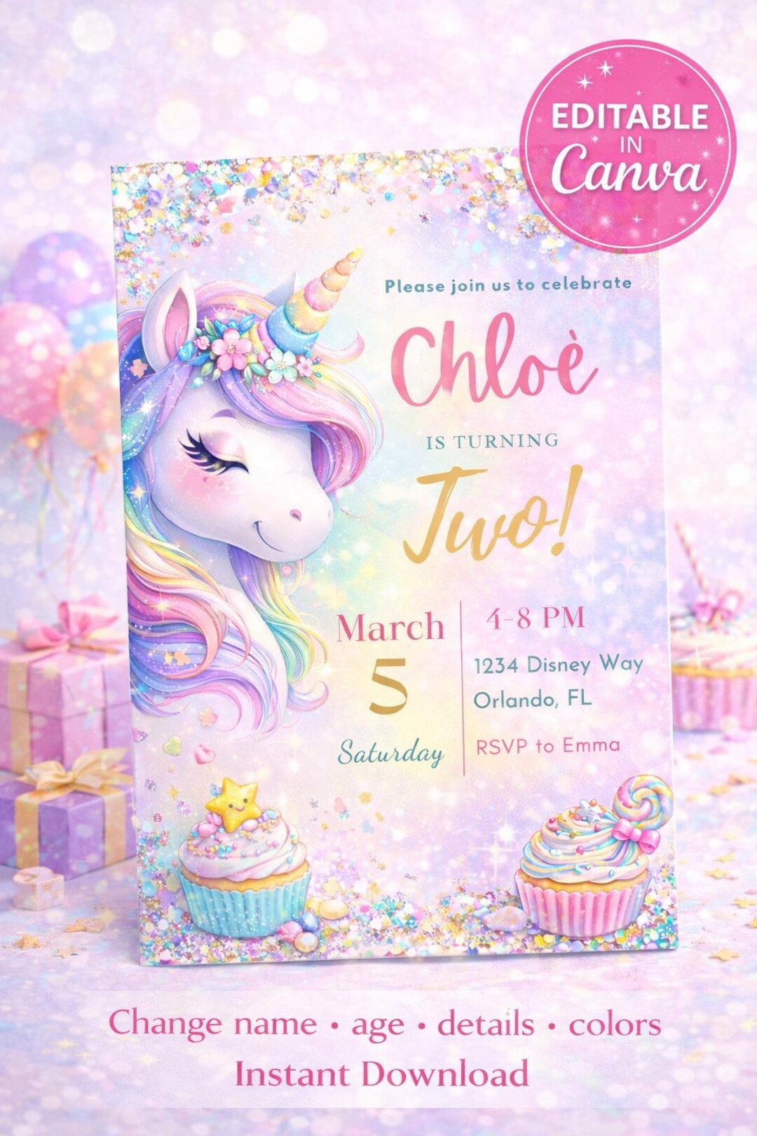 Unicorn Birthday Invitation Editable Canva | Pastel Glitter Unicorn ...