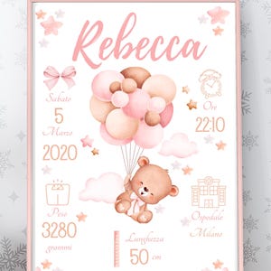 Può includere: Stampa rosa incorniciata con il nome "Rebecca". Un orsacchiotto vola con palloncini. La stampa include data, ora, peso (3280 grammi) e lunghezza (50 cm) di un bambino, più il nome dell'ospedale.