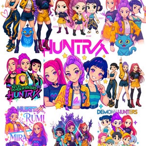Może przedstawiać: Żywa ilustracja cyfrowa z wieloma postaciami w stylu anime. Grafika przedstawia grupy młodych kobiet w stylowych strojach, z wyraźnie widocznym tekstem "HUNTRX" i "KPOP DEMON HUNTERS". Paleta kolorów obejmuje róż, żółty, niebieski i fioletowy.