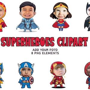 Può includere: Una collezione di otto elementi clipart PNG a tema supereroi. Ogni personaggio ha il volto di un bambino, vestito con costumi iconici da supereroe. Il testo "SUPERHEROES CLIPART" è visualizzato in rosso, con testo aggiuntivo sottostante.