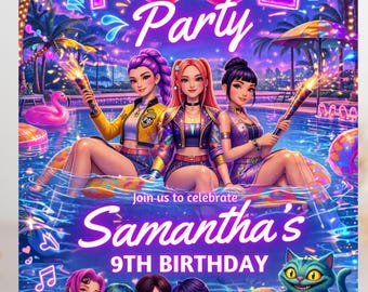 May include: A vibrant pool party invitation with the text "POOL Party" and "Samantha's 9th Birthday". The illustration features three women in a pool, holding sparklers, and a group of people in the water below. A cat plays a keyboard.