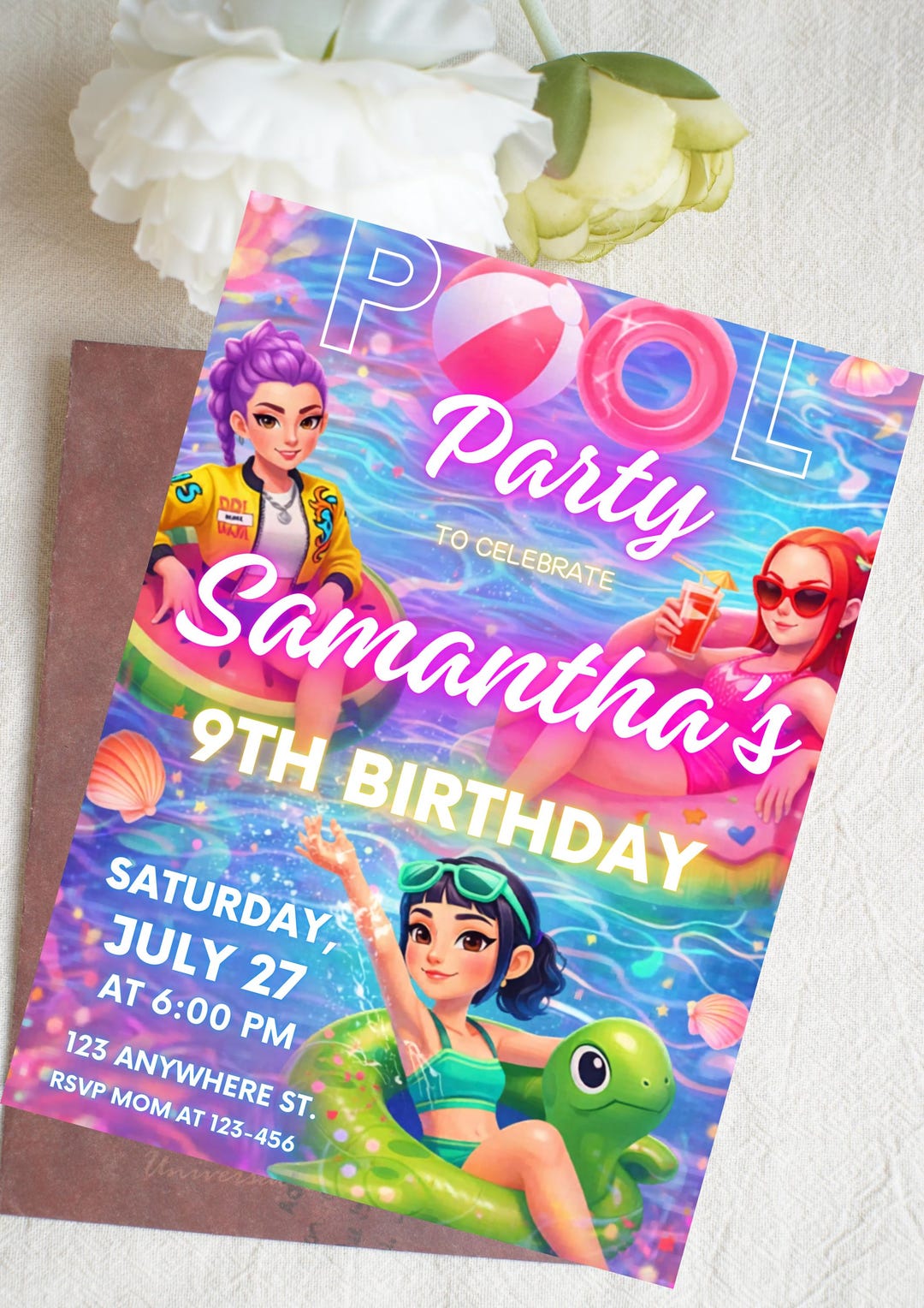Photo Party Invitations Editable Pool Party Birthday Invitation | Girls Summer Birthday Invite ...