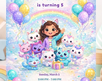 Editable Purple Birthday Invitation | Cute Kittens Birthday Party | Magical Kids Birthday Invite | Canva Template | Instant Download