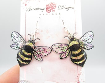 Shimmery Bee Earrings Big - Bumble Bee, Buzzy Bee, Spring Gift, Bee Lover, Iridescent Enchanting Wings Handcrafted