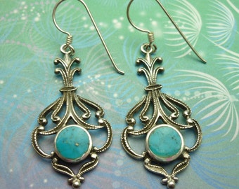 Elegant Turquoise Blue Vintage Earrings - Sterling Silver - Long Sheppard Hook Dangle