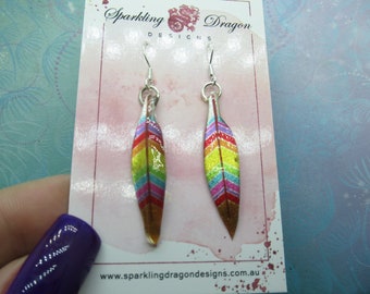 Pretty Feather Earrings - New Age Boho gift - Lovely Mixed Colours in Resin with Glitter Finish