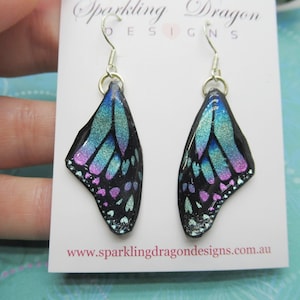 Butterfly Earrings Pink, Blue & Misty Green - Fairy Jewellery, Fun Gift for her Fairy Wing Earrings - Sparkly - Resin with Glitter Finish