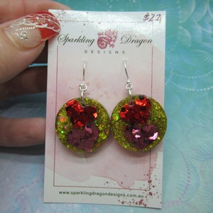 Love Heart Earrings - Double Red & Pink Hearts Holo Gold Round