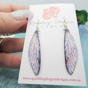 Blue Gold Green Pink Bubble Shimmer AB Colour Shift Fantasy Wing Earrings - Fairy Jewellery, Fun Gift Faire Dragonfly Cicada Butterfly Wings