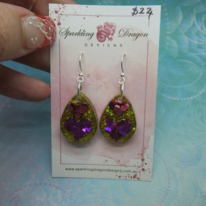 Love Heart Earrings - Double Red & Pink Hearts Holo Gold Round