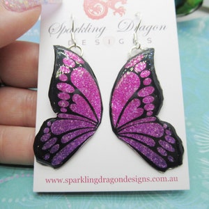 Pendientes butterfly double wing rosa - Fairy Jewellery, regalo divertido para sus pendientes Fairy Wing - Sparkly - Resina con acabado glitter