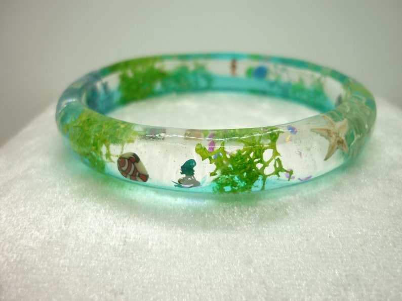 coral reef bangle blue and green fish ocean bangle coral and treasure yellow handmade resin bangle gift for her pink