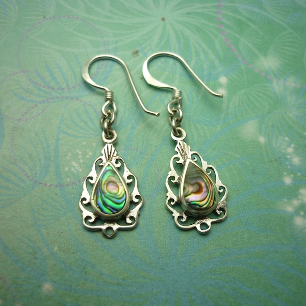 Natural Shell Vintage Sterling Silver Earrings - Abalone Paua Shell - 925 Hallmarked