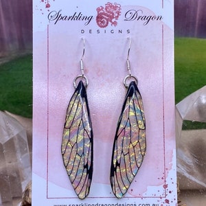 Butterfly Yellow Gold & Green Shimmer Earrings - Fairy Jewellery Fun Statement Present Boho Resin Dragonfly Cicada Wings Handmade Gift