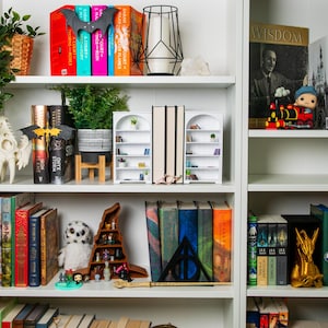 以下が含まれることがあります： 本、装飾品、植物でいっぱいの白い本棚。カラフルな背表紙の本が棚に並べられ、フィギュア、キャンドルホルダー、装飾的なコウモリが並んでいます。全体的なテーマは、文学と装飾の厳選されたコレクションです。