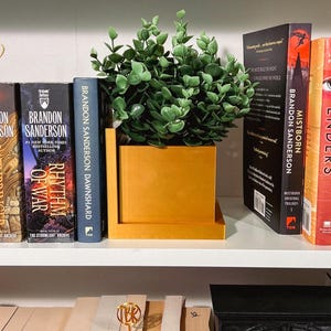 Puede incluir: Un juego de sujetalibros dorados con una planta en maceta en la parte superior. Los sujetalibros están en un estante blanco con una variedad de libros, incluyendo "Rhythm of War" y "Mistborn: The Original Trilogy".